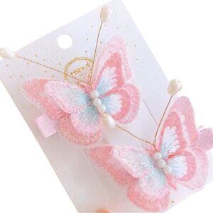 SETS of 2 PCs Butterfly Embroidered Hair Clips for Girls Toddlers Pink Gift